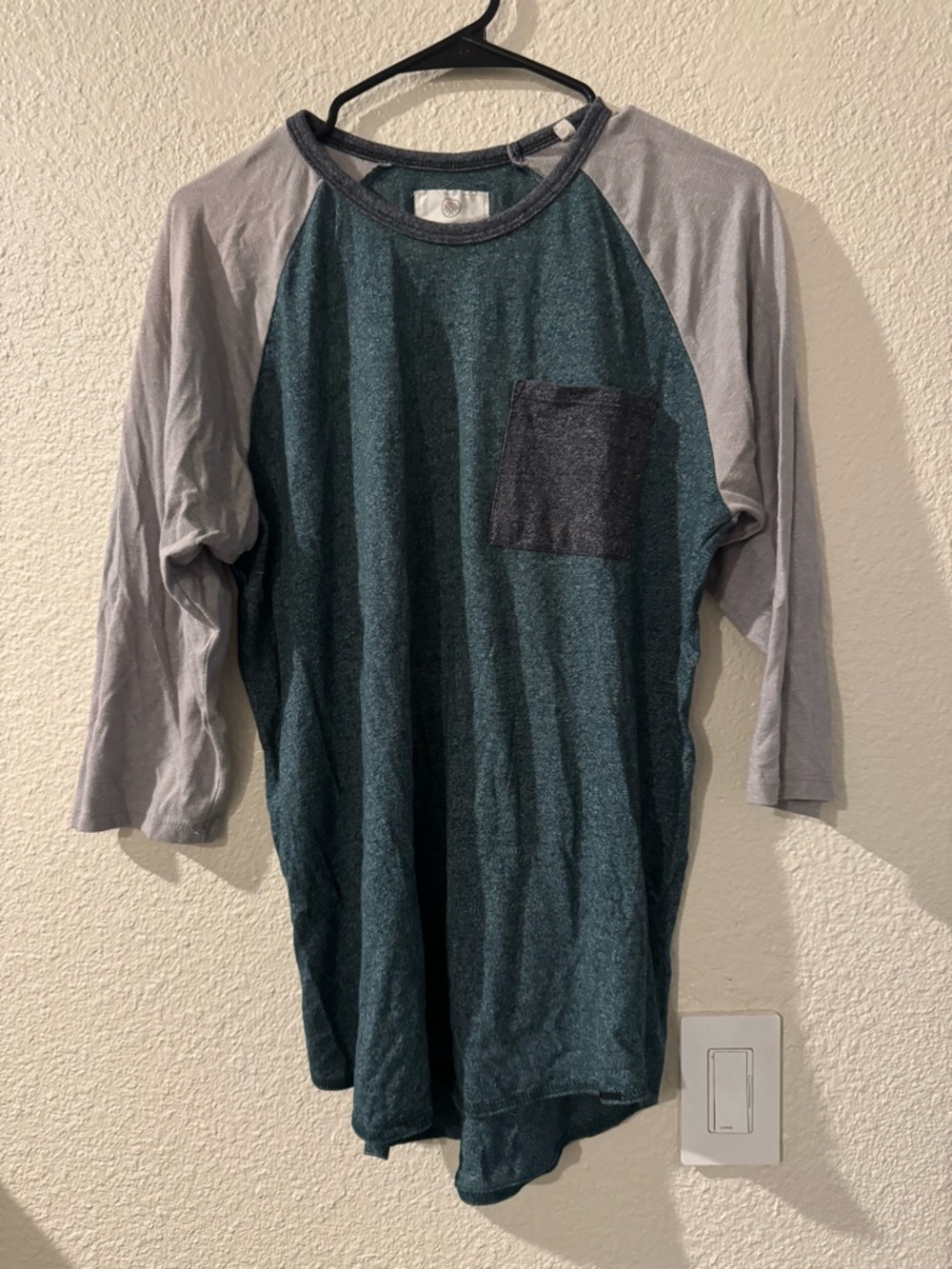 on the byas Men's Raglan Pocket Long Sleeve Tee in Teal and Light Gray